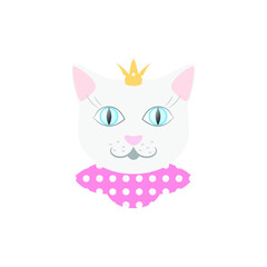 White cat princess with blue eyes with a crown and pink collar. Head, portrait, avatar, icon, symbol, image, element, logo. Isolated vector illustration on white background
