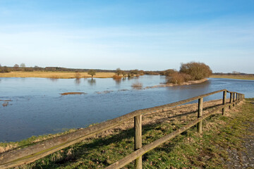 Naklejka premium Landschaft im Landkreis Verden bei Westen, einem Ortsteil von Dörverden, mit dem Fluss Aller, Niedersachsen, Deutschland