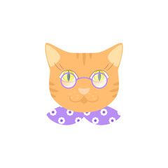 A ginger cat with yellow eyes, glasses in a lilac collar with flowers. Head, portrait, avatar, icon, symbol, image, element, logo. Isolated vector illustration on white background