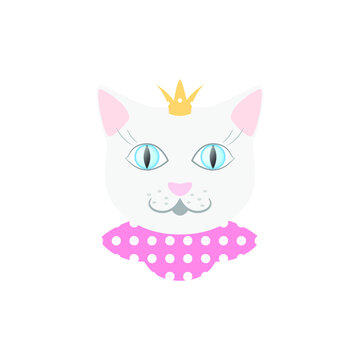 White cat princess with blue eyes with a crown and pink collar. Head, portrait, avatar, icon, symbol, image, element, logo. Isolated vector illustration on white background