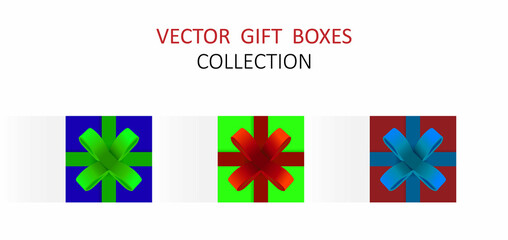 Realistic gift boxes. Set of colored paper boxes with bow and shadow on white background. Vector illustration