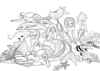 Group of graphic mermaids with the diverse appearance