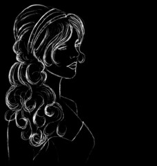 A girl with beautiful long hair - a graphic image in white on a black background