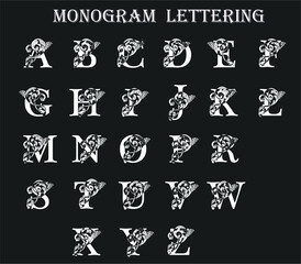 Monogram Initials Floral Font with black background, Elegant Vintage Embroidery Font, Vintage Fonts, Retro Fonts, Old Embroidery Font, Typography, Monogram Alphabet