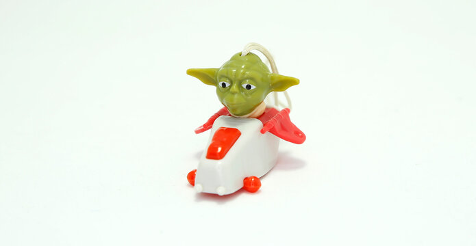 Star Wars. Movie's characters. Toys. Teacher Yoda. Jedi. Small collectible toys. Saga. Isolated white. Kinder surprise toys. Good guy. 
