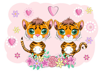 Obraz premium Baby Shower greeting card with Cute boy and girl. Cartoon tiger with expressive eyes. Wild animals, character, childish style