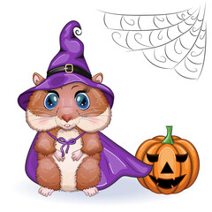 Cartoon hamster wearing purple witch hat with broom, potion or pumpkin jack. Halloween
