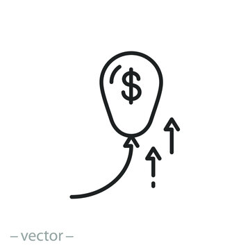 Balloon With Money Icon, Inflation Concept, Financial Boom Growth Or Cost, Devaluation, Fly Cash, Thin Line Symbol On White Background - Editable Stroke Vector Illustration