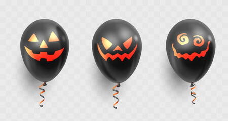 Set of three realistic black balloons with red scary faces and ribbons isolated on transparent. Vector illustration for card, Halloween party, design, flyer, poster, banner, web, advertising. 