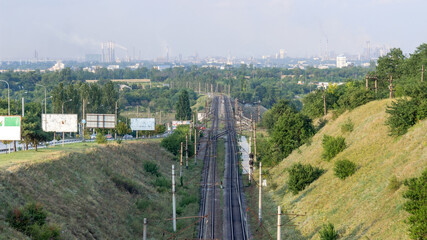 View of the industrial city of Zaporozhye, Ukraine. Smog emissions, air pollution. Bad...