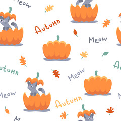 Seamless pattern with cute gray kitten, cat sitting in the ginger, red cut pumpkin and pumpkin cover on head isolated on white. Vector illustration, print for packaging, fabrics, wallpapers, textiles.