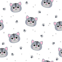 Seamless pattern with cute gray cat, kitty, kitten with black stripes, paws, word meow, purr on white background. Vector illustration, print for packaging, fabrics, wallpapers, textiles.