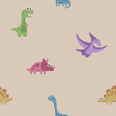 Fototapeta premium Seamless pattern with dinosaurus, dino isolated on beige background. Vector illustration for postcard, banner, decor, design, arts, web, calendar, advirtising.