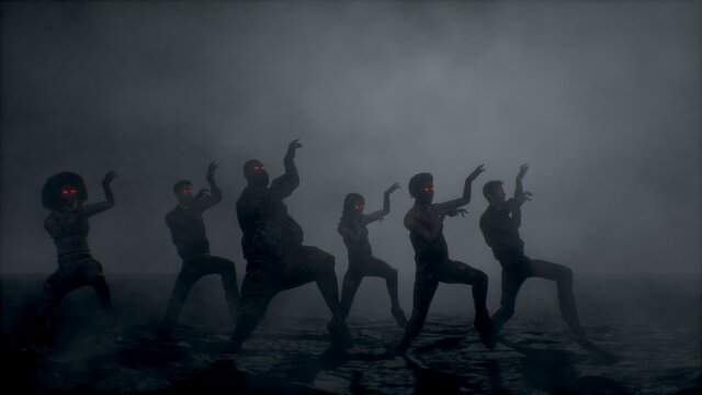 Group of scary zombies attacking. Halloween concept.