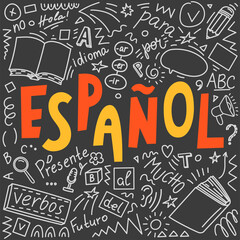 Espanol. Translation "Spanish". Spanish language doodles and lettering. "Presente, hola, idioma, Futuro, mucho, para, verbos". Translate: Present, hello, language, Future,a lot, for, verbs © N.Savranska