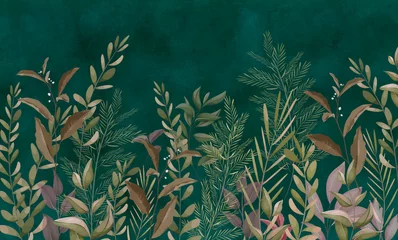 Gordijnen Muurschildering, fotobehang voor de kamer. Bladeren op een groene achtergrond. Achtergrond met verschillende takken. © antura