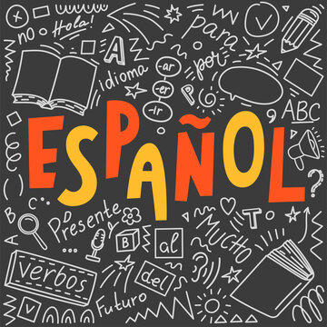 Espanol. Translation "Spanish". Spanish language doodles and lettering. "Presente, hola, idioma, Futuro, mucho, para, verbos". Translate: Present, hello, language, Future,a lot, for, verbs