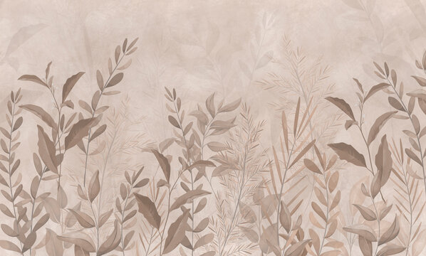 Photo wallpapers for walls. Beautiful leaves on a beige background. A mural for a room. Painted grass. © antura