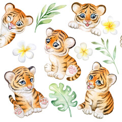 Fototapeta premium Tiger baby seamless pattern with tropical plants, toy, tiger cub watercolor isolated on white background. Animal. Watercolor. Illustration. Tropical leaves. Plumeria flowers