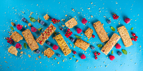  Cereal granola bars on blue background