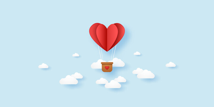 Valentines day, Illustration of love, red folded heart hot air balloon flying in the sky, paper art style