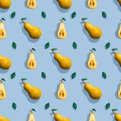 Trendy sunlight Summer pattern made with yellow pears  on bright light blue background. Minimal summer concept. Plasticine 3D illustration. seamless pattern for print