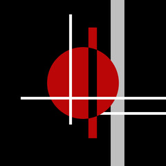 Abstract geometric composition with grey and white lines and red circle shapes on black background