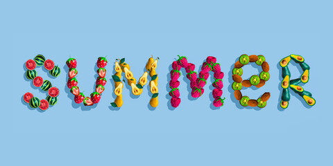 Plasticine 3D illustration with word "Summer" Made frome plasticine  elements: fruits. Summer quote is isolated on blue