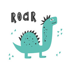 Cute dinosaur with slogan graphic - roar, funny dino cartoons. Vector funny lettering quote with dino icon, scandinavian hand drawn illustration for greeting card, t shirt, print, stickers, posters de