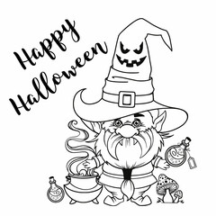 Gnome for halloween linear, pumpkin Potions Spider web and spider, trick or treat, design for thanksgiving day, cartoon spooky dwarf Vector line art for printable greeting cards and coloring pages