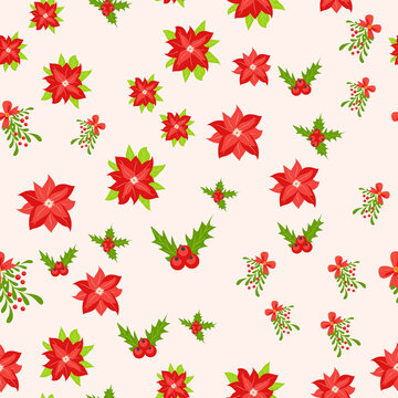 Seamless pattern with hand drawn poinsettia flowers and floral branches and berries, mistletoe, christmas florals