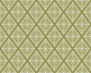 White Tribal or Ethnic Seamless Pattern on Green Background in Symmetry Rhombus Geometric Bohemian Style for Clothing or Apparel,Embroidery,Fabric,Package Design