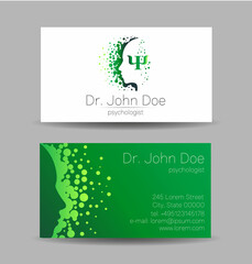 Psychology Vector Business Visit Card with Letter Psi Psy Modern logo in Green Color Creative style. Human Head Profile Silhouette Design concept for Branding Company