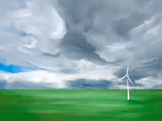 painting of windmill in the field