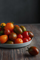 Cherry tomato - assorted multicolored tomatoes on table, space for text