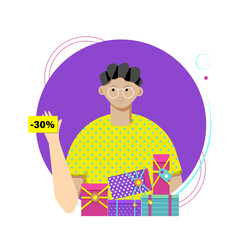 Guy with glasses holds discount coupon. vector illustration.