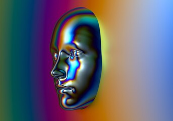 Surreal 3D illustration of a holographic head in the wall. Concept of artificial intelligence.
