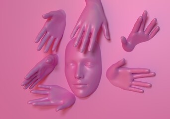 Surrealistic abstract 3d illustration of hands and face emerging and appearing from a wall. Concept of mental health issues.