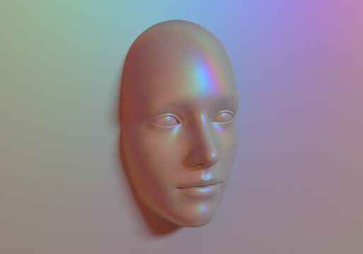 Surreal 3D illustration of a holographic head in the wall. Concept of artificial intelligence.