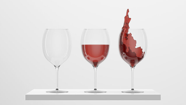 Wineglasses set with red liquid on podium. Empty, full, with splashes and droplets crystal glasses mockup, clear cups with alcohol drink isolated on white background. Realistic illustration, 3d render