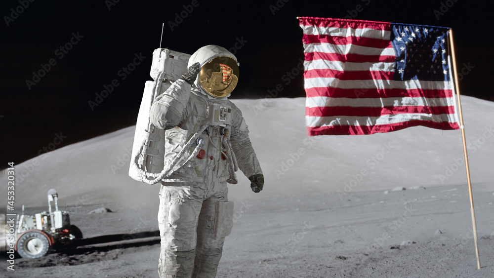 Wall mural 3d rendering. astronaut saluting the american flag. cg animation. elements of this image furnished b