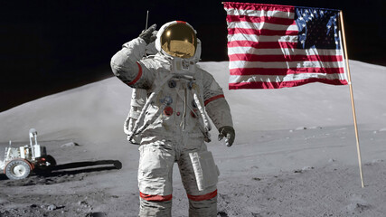 3D rendering. Astronaut saluting the American flag. CG Animation. Elements of this image furnished by NASA. - obrazy, fototapety, plakaty