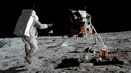 3D rendering. Astronaut jumping on the moon. CG Animation. Elements of this image furnished by NASA.