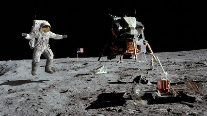 3D rendering. Astronaut jumping on the moon. CG Animation. Elements of this image furnished by NASA. - obrazy, fototapety, plakaty