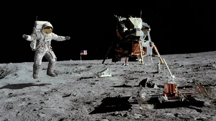 Foto auf Glas 3D-Rendering. Astronaut springt auf den Mond. CG-Animation. Elemente dieses Bildes, bereitgestellt von der NASA. © merlin74