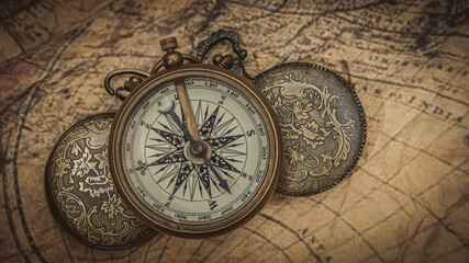 Nautical Brass Compass On Map