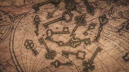 Fototapeta na wymiar Skeleton Keys On Map 