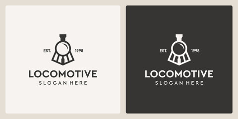 Simple vintage old locomotive train and magnifying glass logo design template.