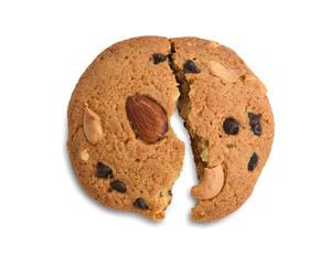 Chocolate Chip Cookie with almonds , cashew nuts isolated on white background. Thishas clipping path. 
