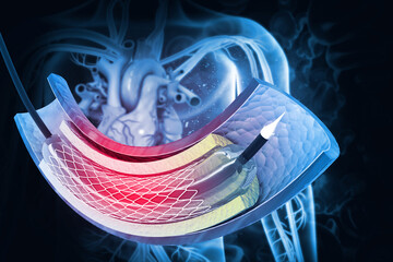 balloon angioplasty procedure with stent in vein.3d illustration
